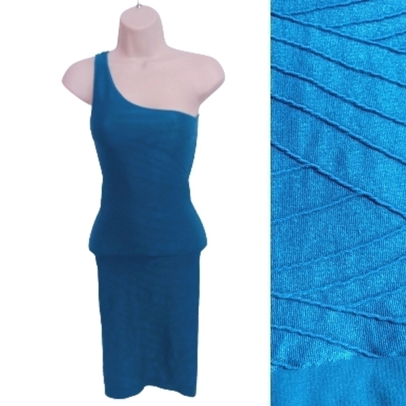 Bebe One Shoulder Bodycon Dress Aqua Knit Small - Picture 1 of 11
